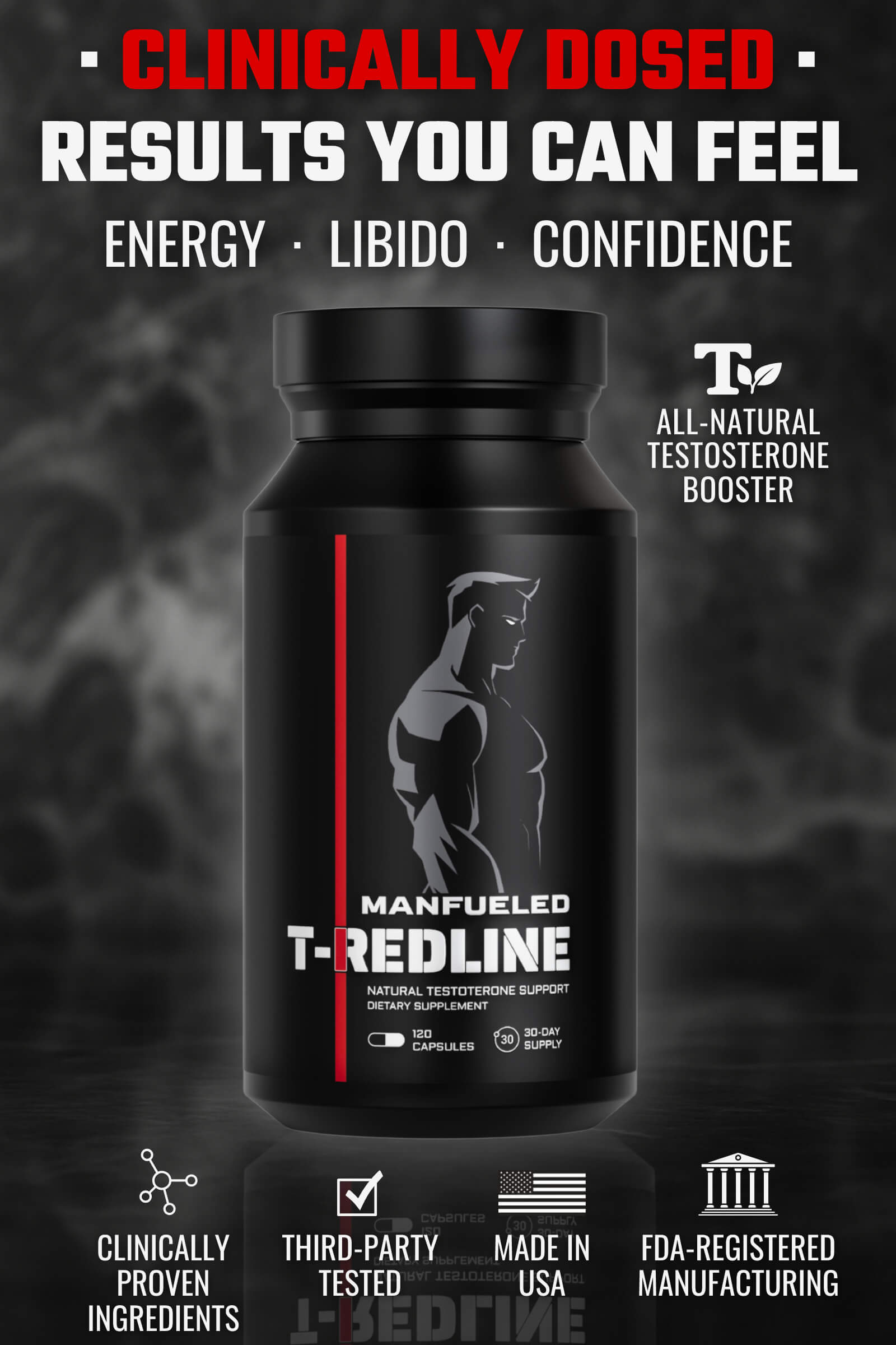 T-REDLINE™ - Natural Testosterone Booster - 120 Capsules, 30-Day Supply